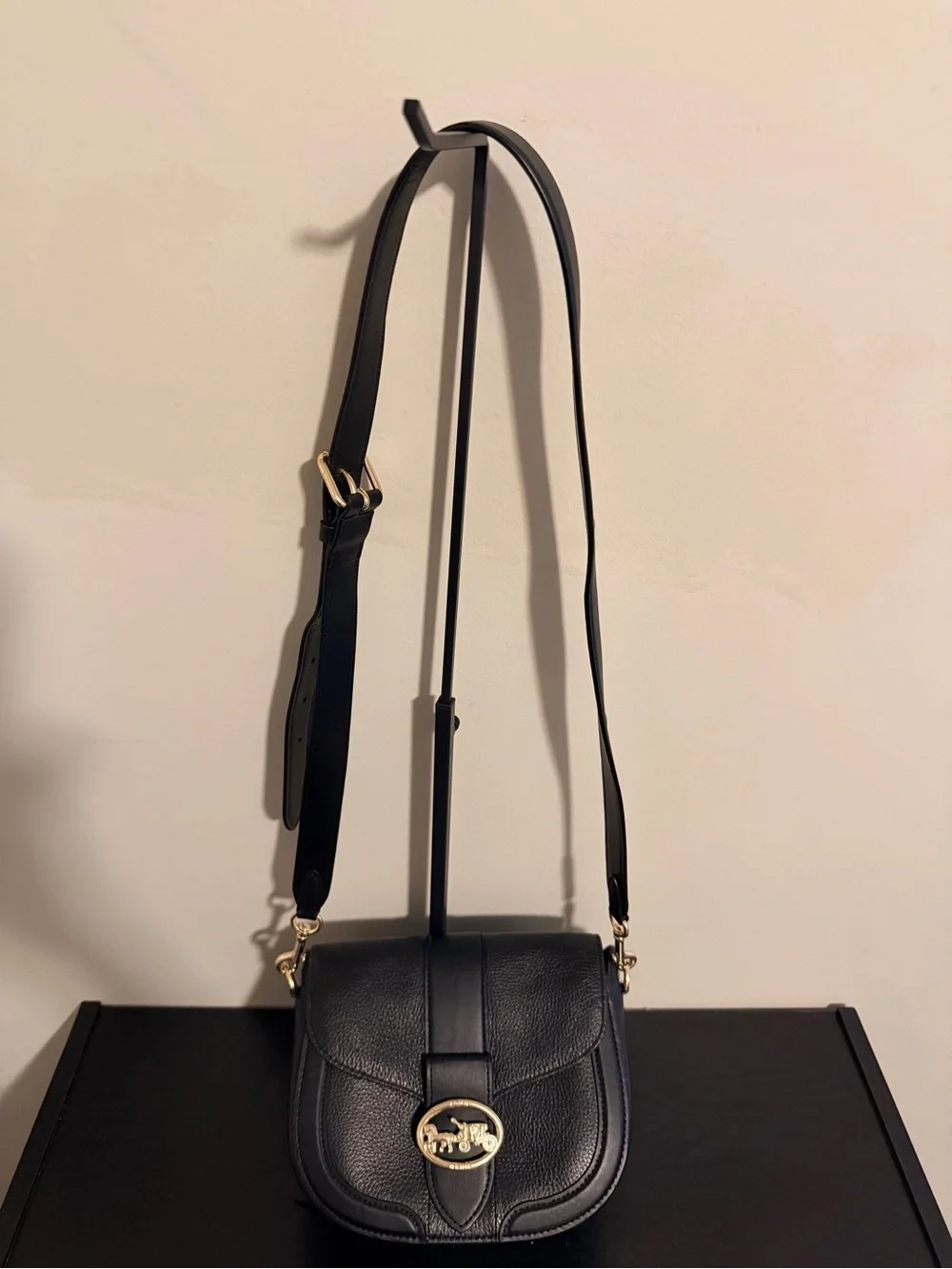 Coach Black Pebbled Leather Brooke Saddle Bag with Gold Coach Emblem